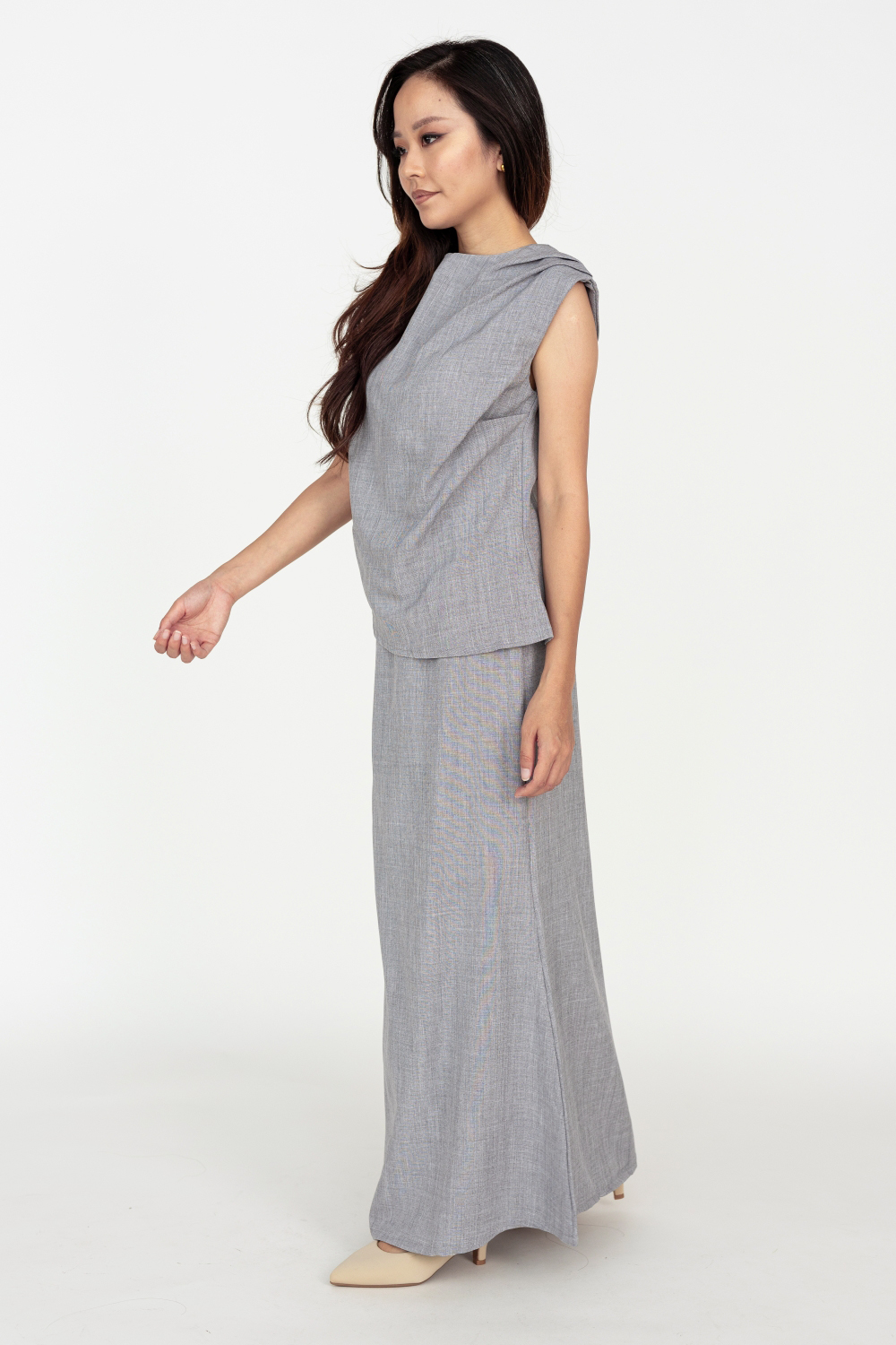 Boat Neck Blouse and Maxi Skirt Co-ord Set - Light Grey - Image 7