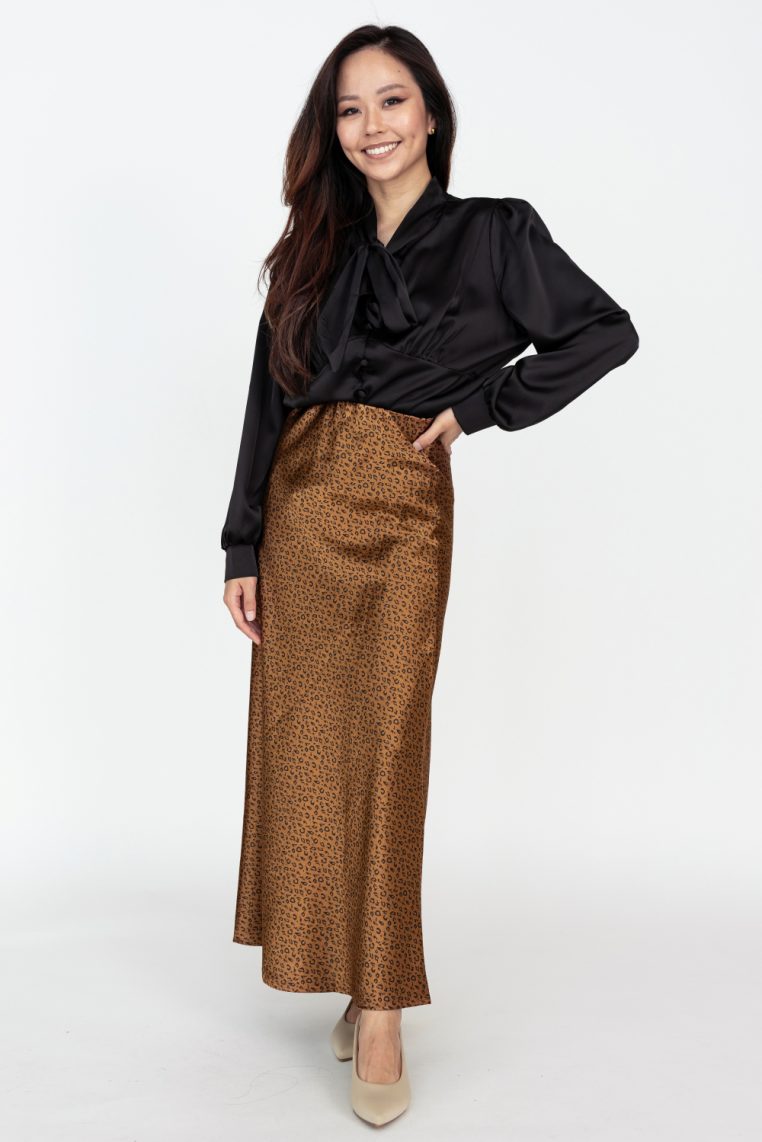 Leopard Print Satin A Line Maxi Skirt - Bronze - Image 5