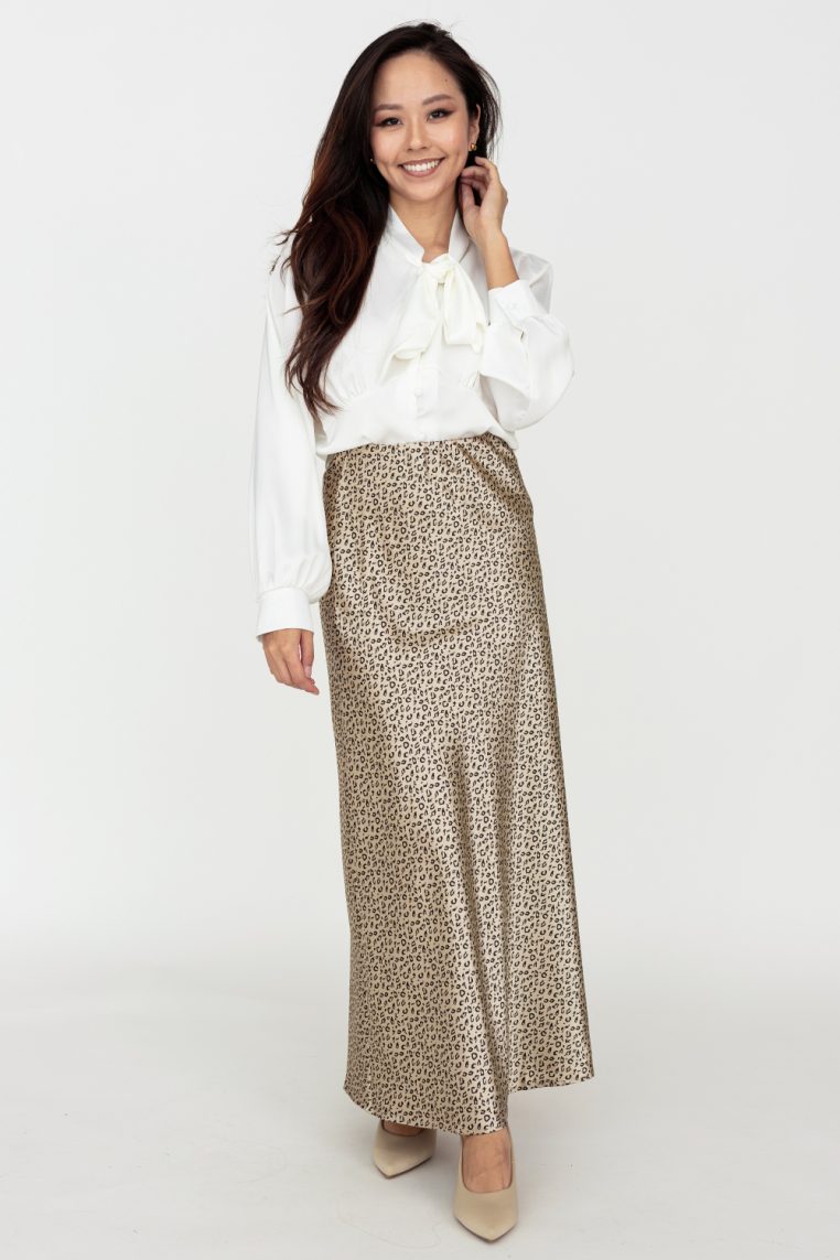 Leopard Print Satin A Line Maxi Skirt - Champagne