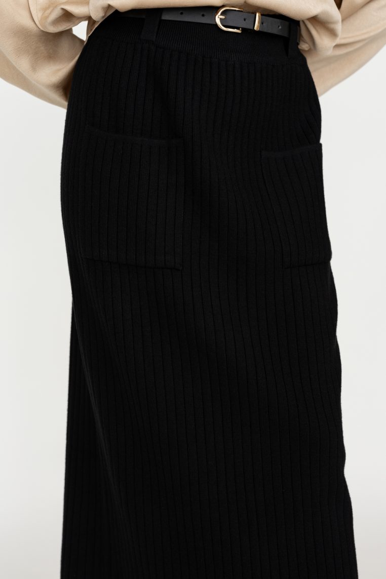 Belted Knit Ribbed Midi Skirt - Black - Image 2