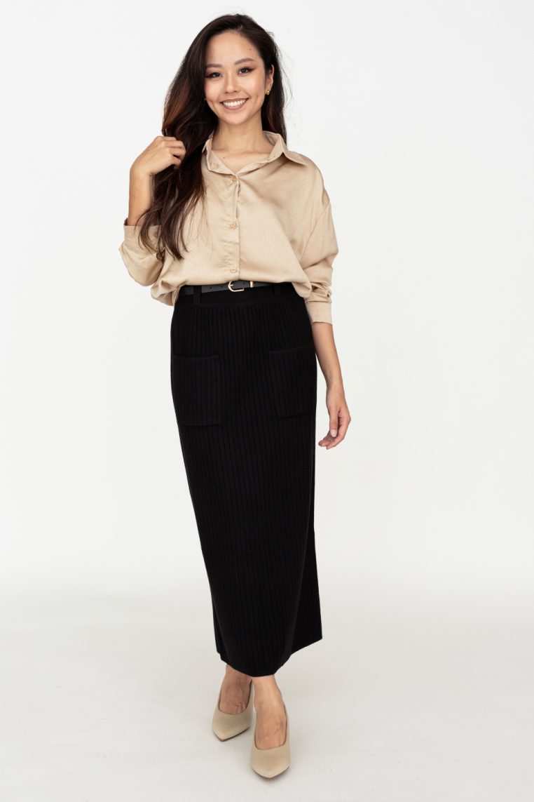 Belted Knit Ribbed Midi Skirt - Black - Image 4