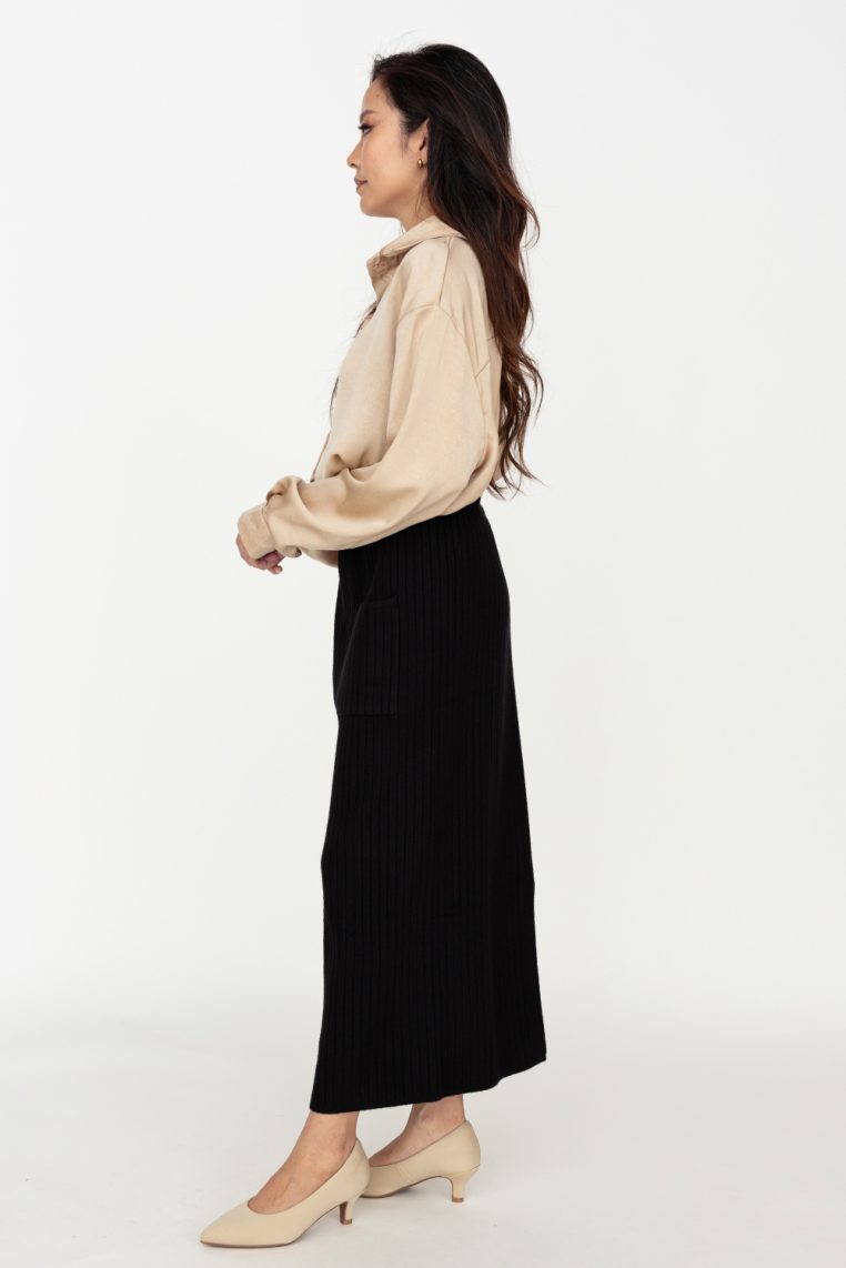 Belted Knit Ribbed Midi Skirt - Black - Image 5