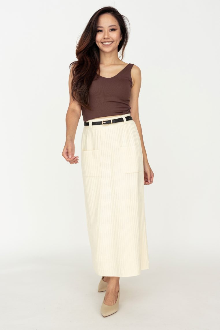 Belted Knit Ribbed Midi Skirt - Cream - Image 3