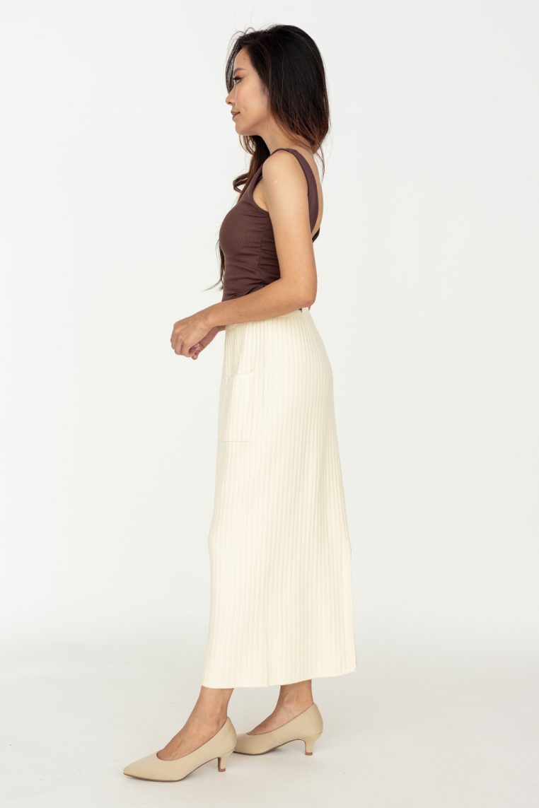 Belted Knit Ribbed Midi Skirt - Cream - Image 4