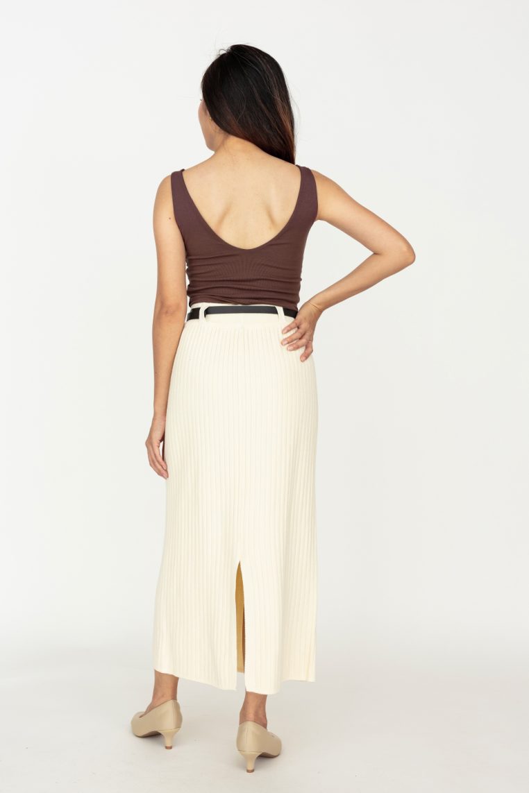 Belted Knit Ribbed Midi Skirt - Cream - Image 5