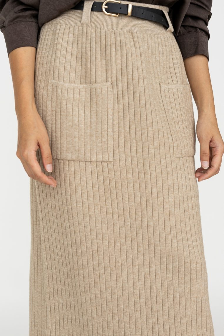 Belted Knit Ribbed Midi Skirt - Khaki - Image 2