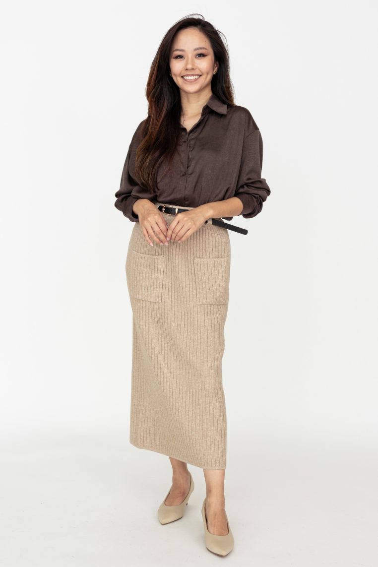 Belted Knit Ribbed Midi Skirt - Khaki - Image 3