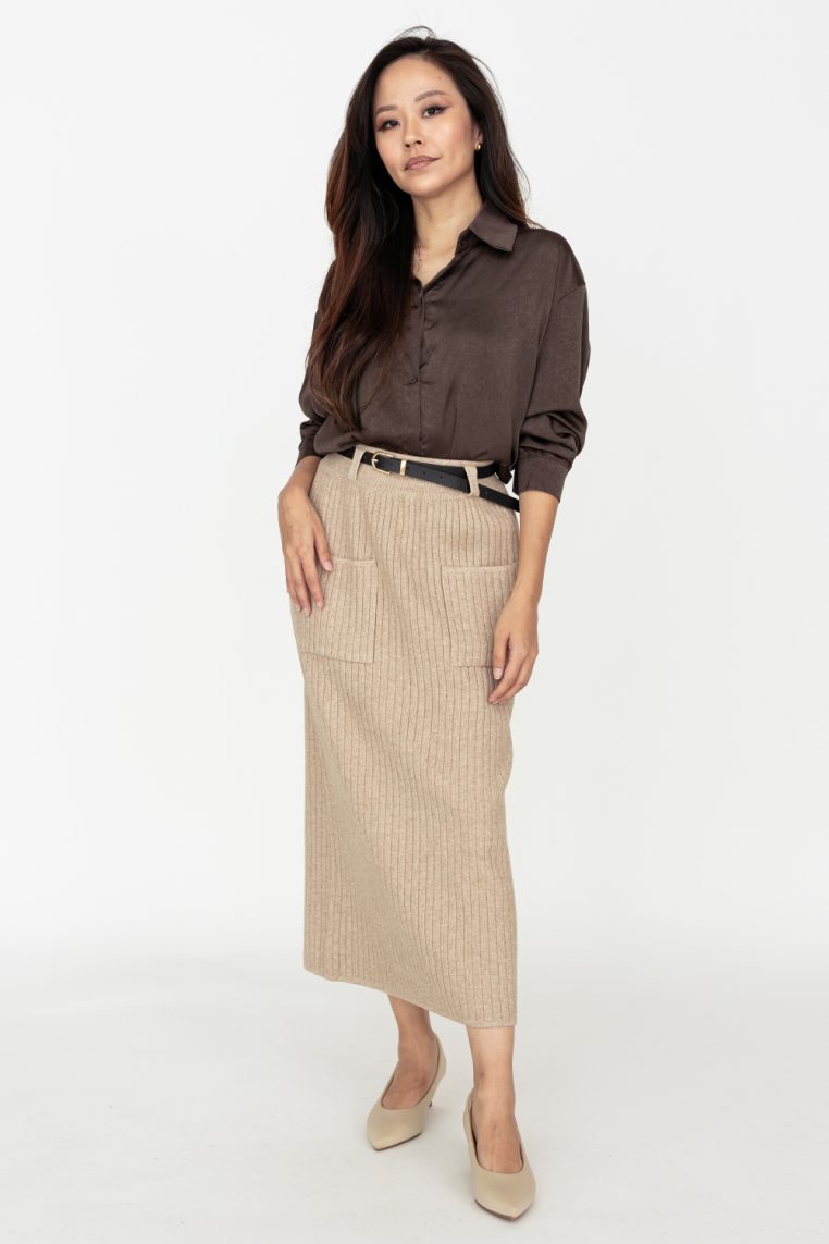 Belted Knit Ribbed Midi Skirt - Khaki