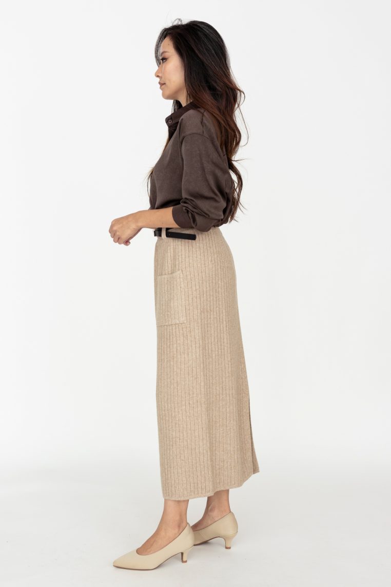 Belted Knit Ribbed Midi Skirt - Khaki - Image 4