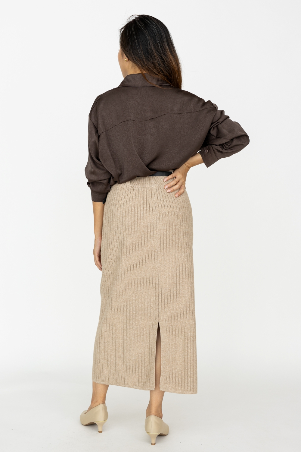 Silk Finish Long Sleeve Oversized Shirt - Brown - Image 3