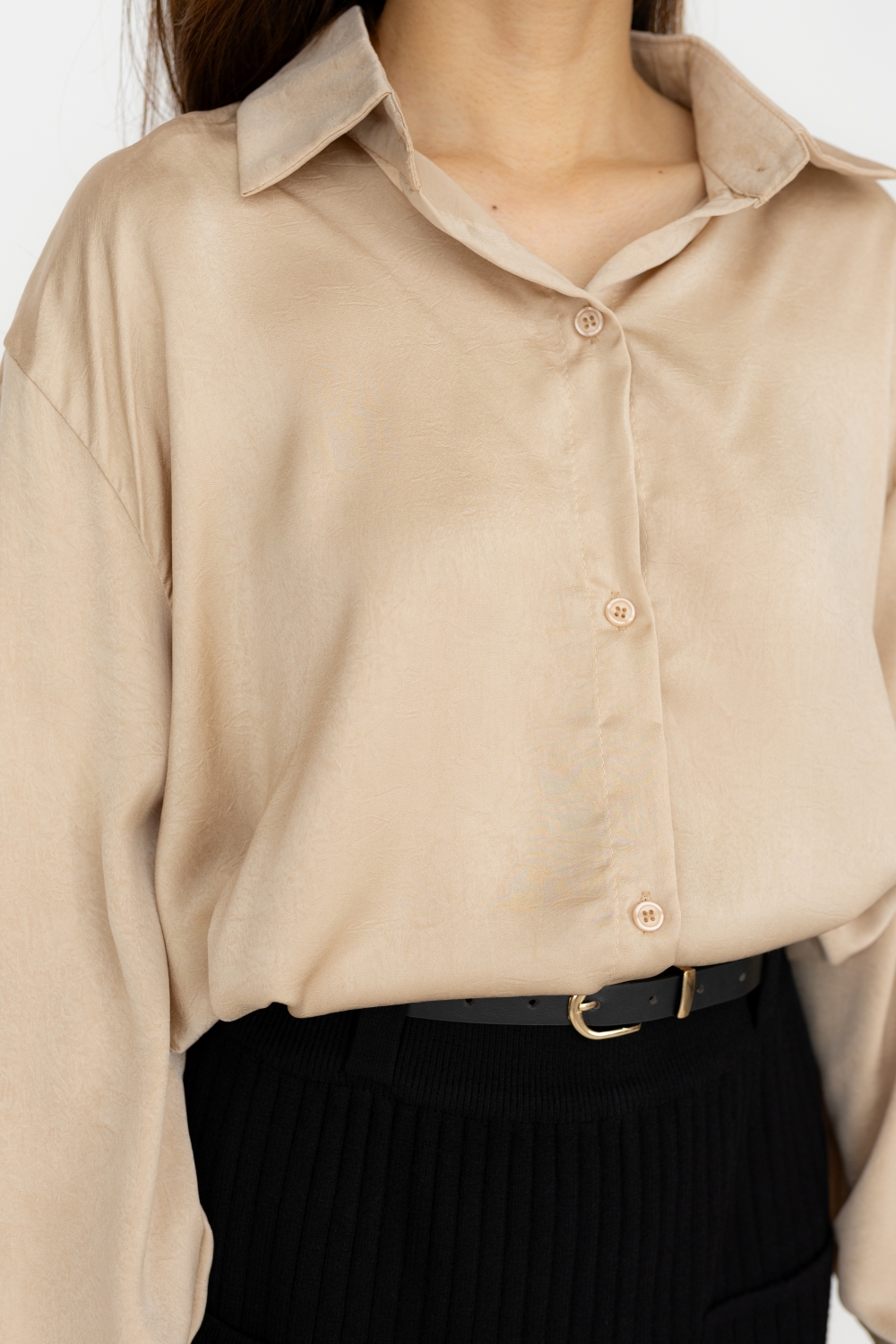 Silk Finish Long Sleeve Oversized Shirt - Champagne - Image 4