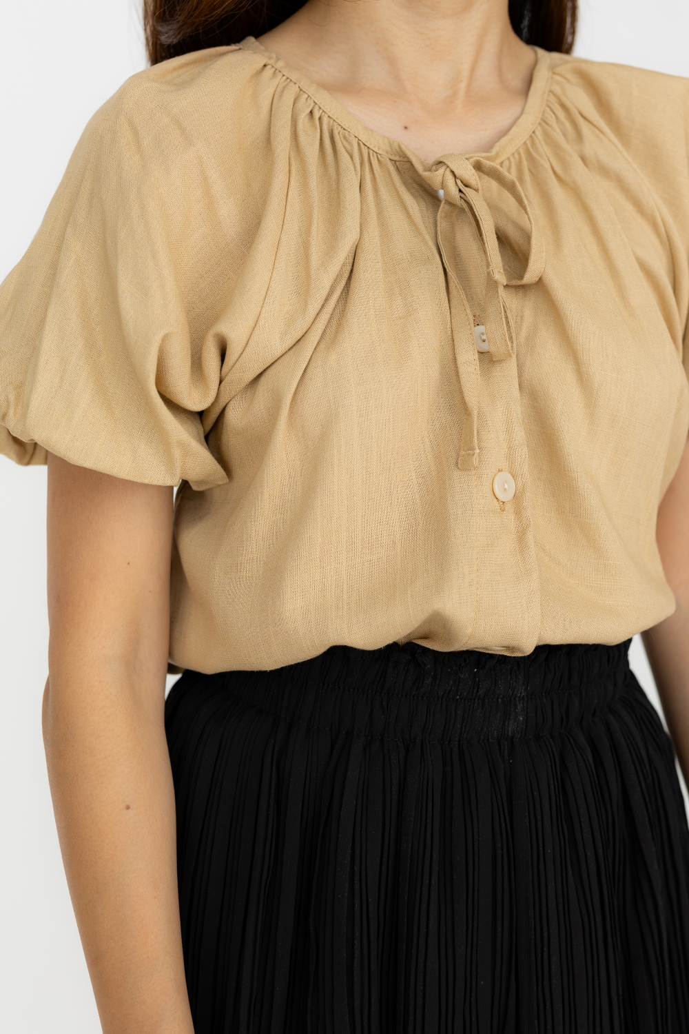 Linen Puff Sleeve Button Shirt - Khaki - Image 3