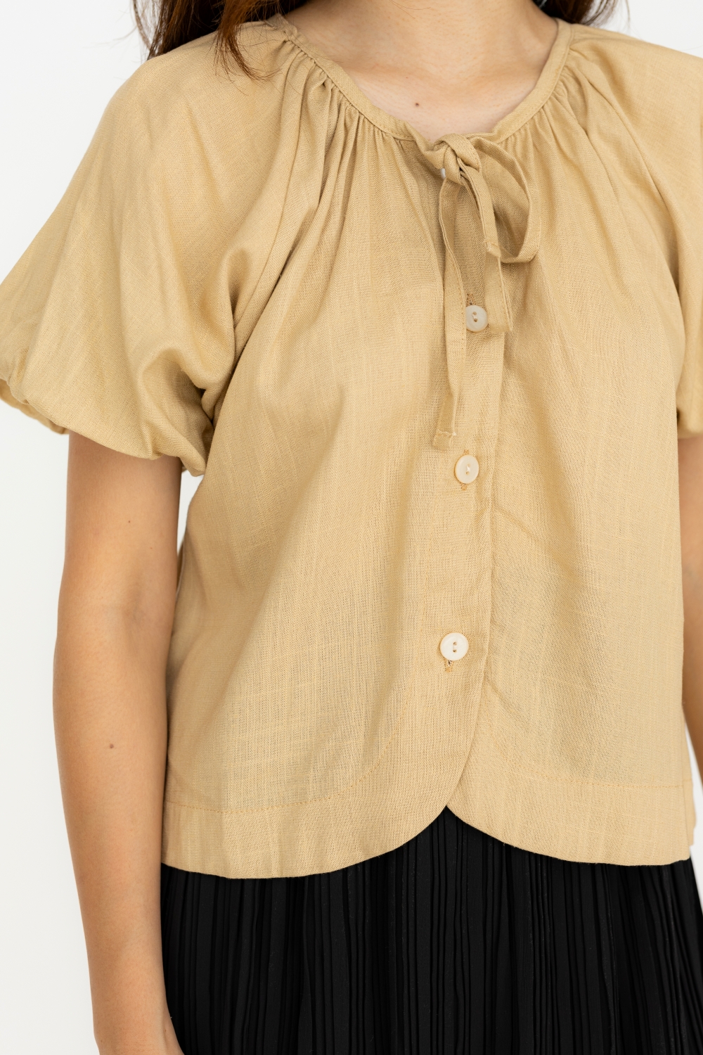 Linen Puff Sleeve Button Shirt - Khaki - Image 2