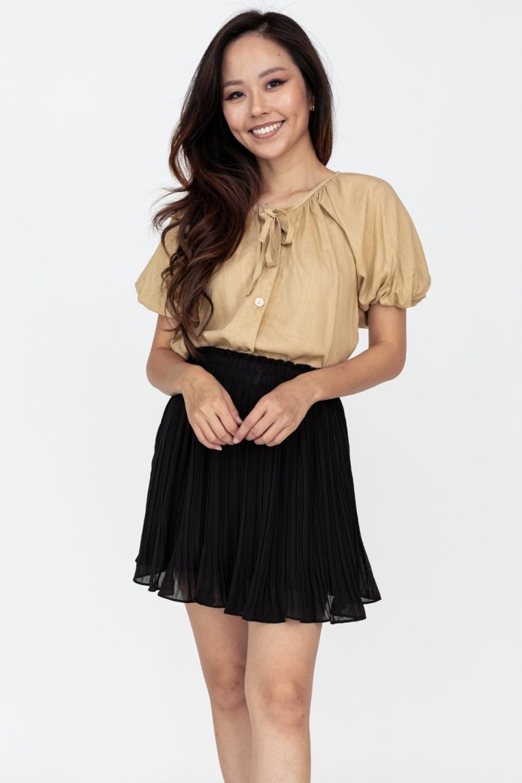 Linen Puff Sleeve Button Shirt - Khaki