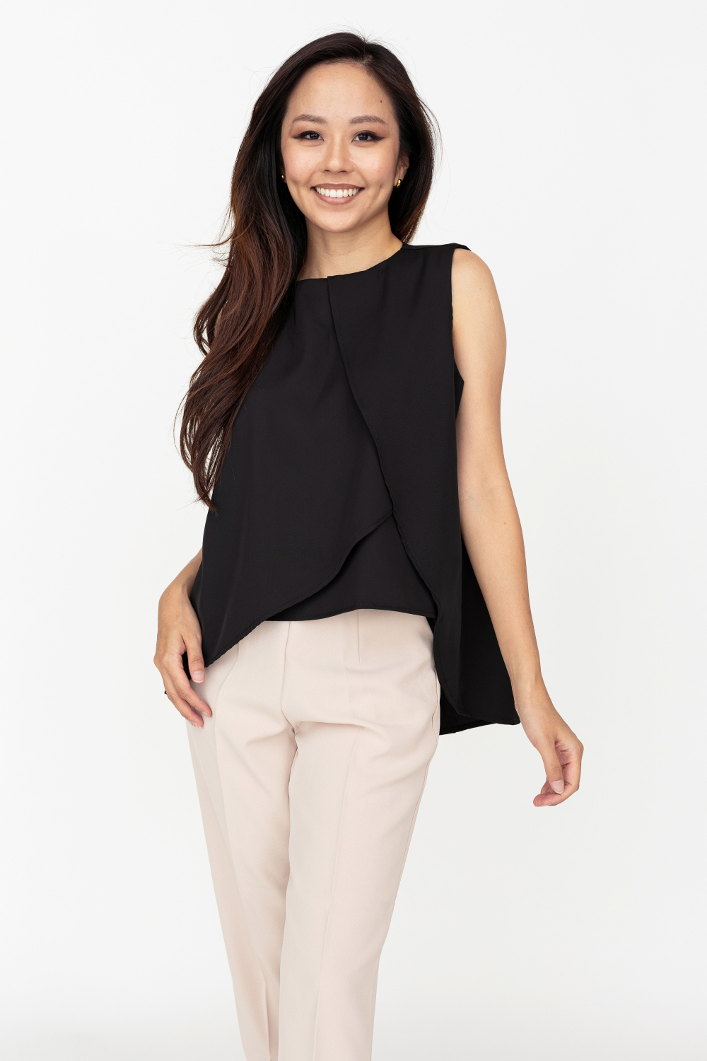 High Neck Sleeveless Draped Blouse - Black