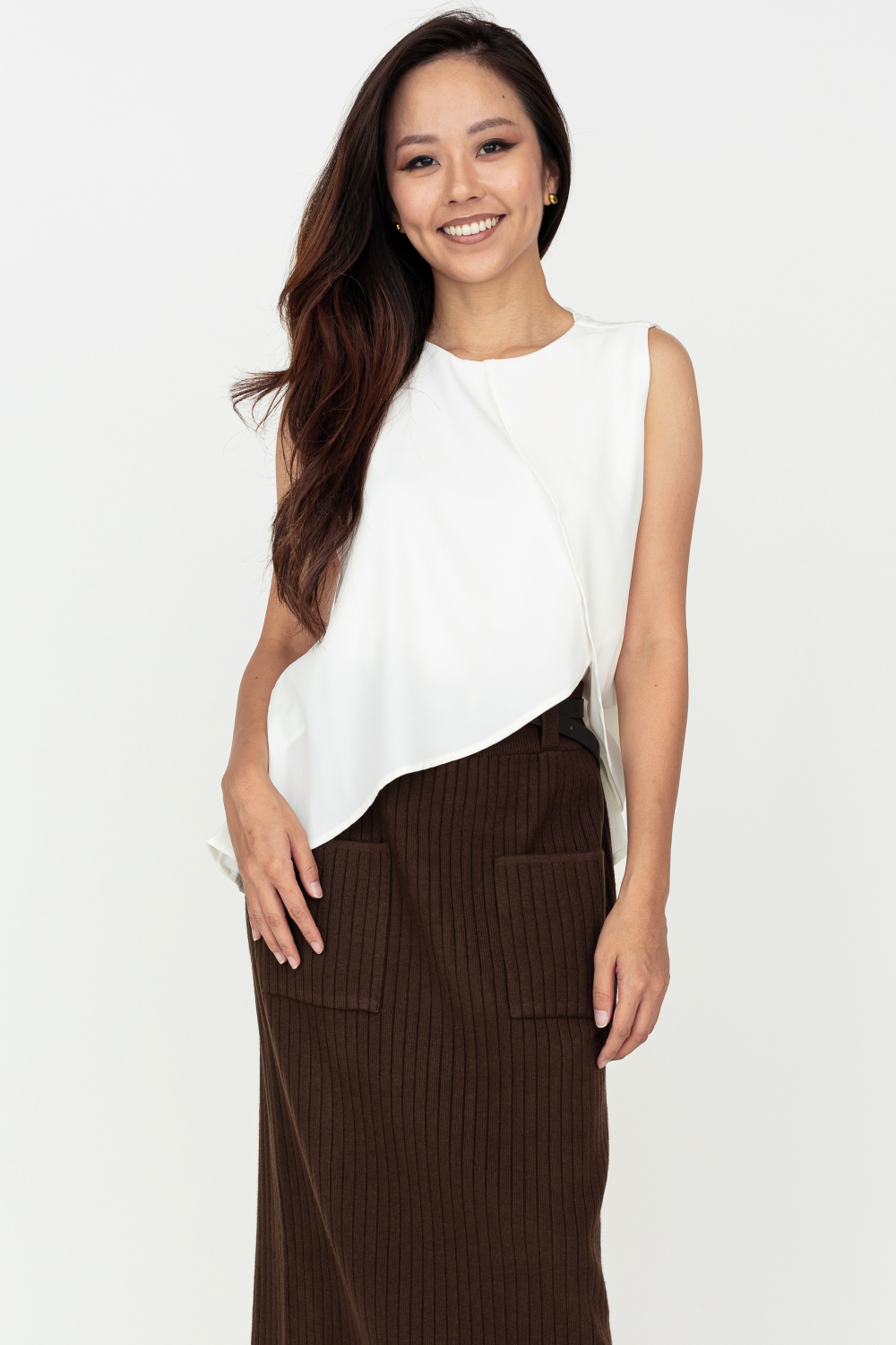 High Neck Sleeveless Draped Blouse - White
