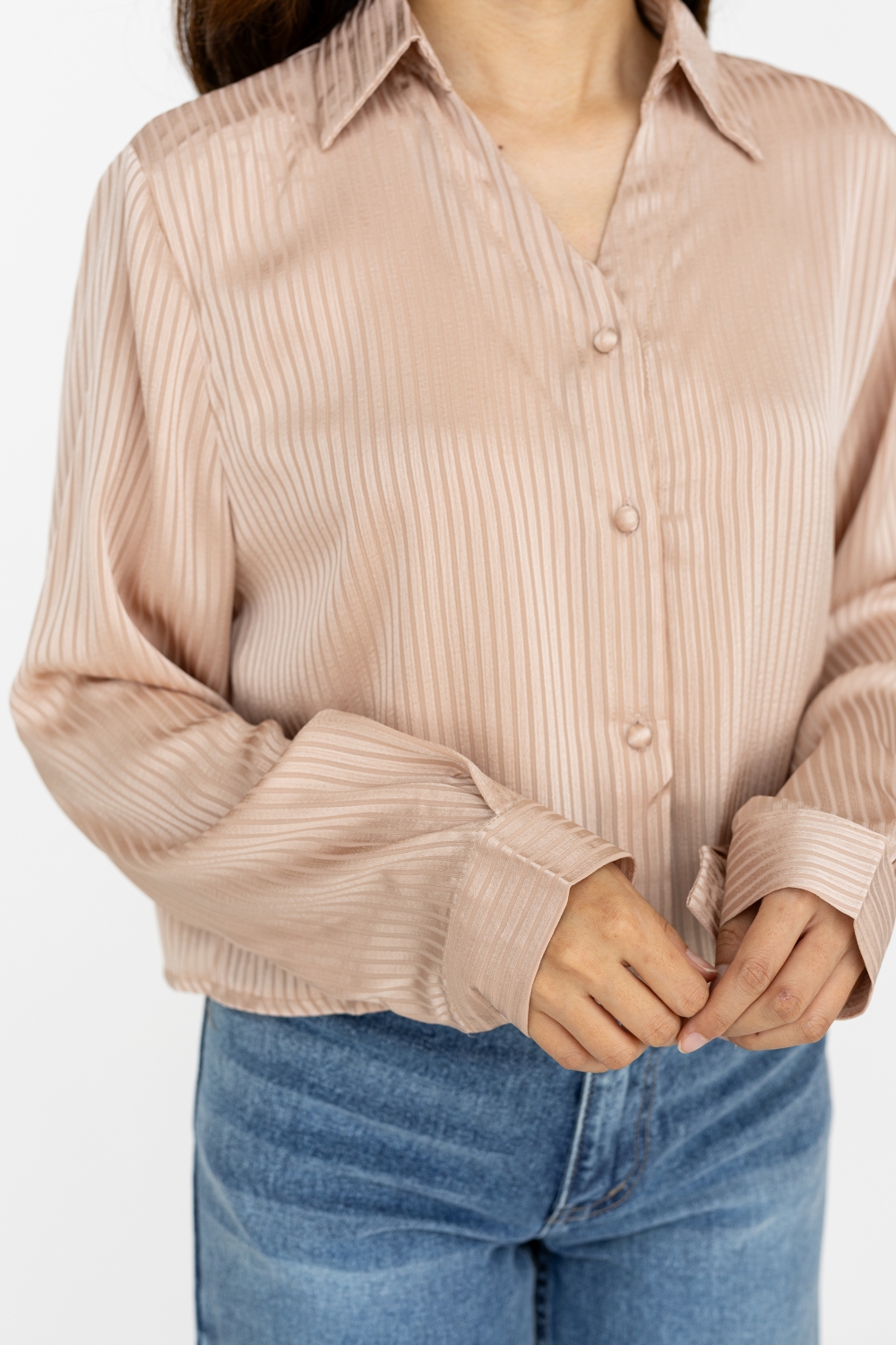 Striped Crop Button Shirt - Champagne - Image 6