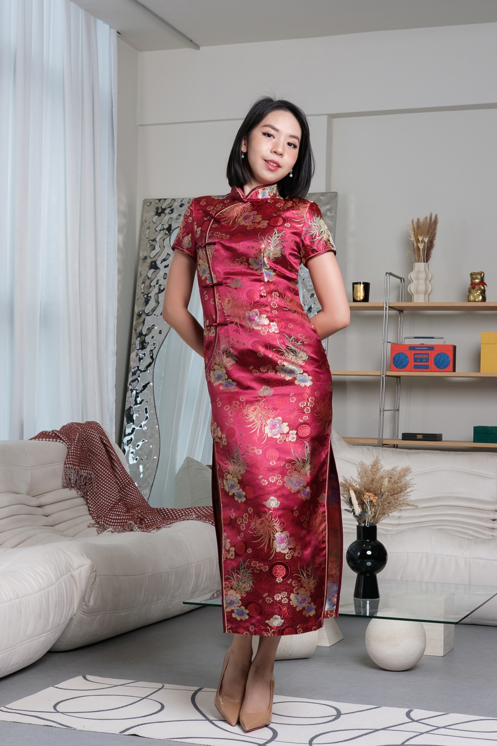 Floral Brocade Side Slit Maxi Cheongsam - Dark Red - Image 4
