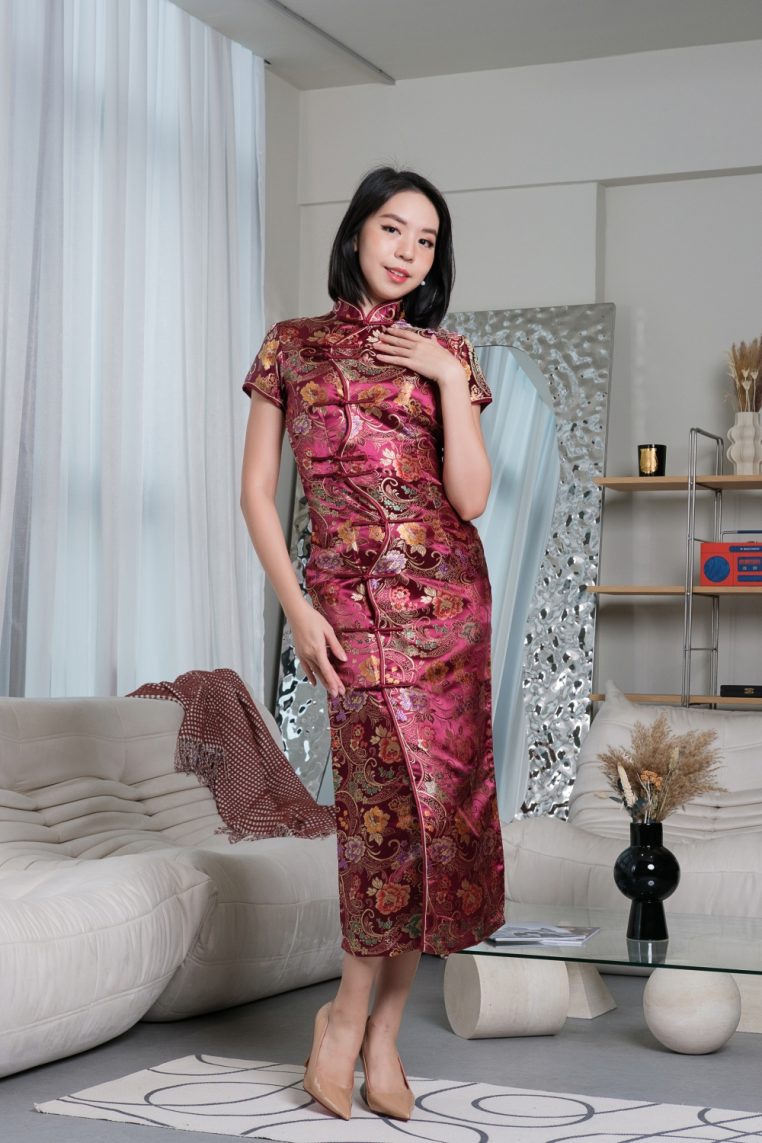 Arc Overlap Brocade Maxi Cheongsam - Plum