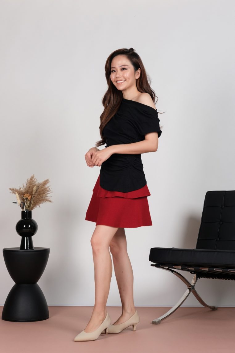 Tiered Knit Mini Skirt - Dark Red - Image 4