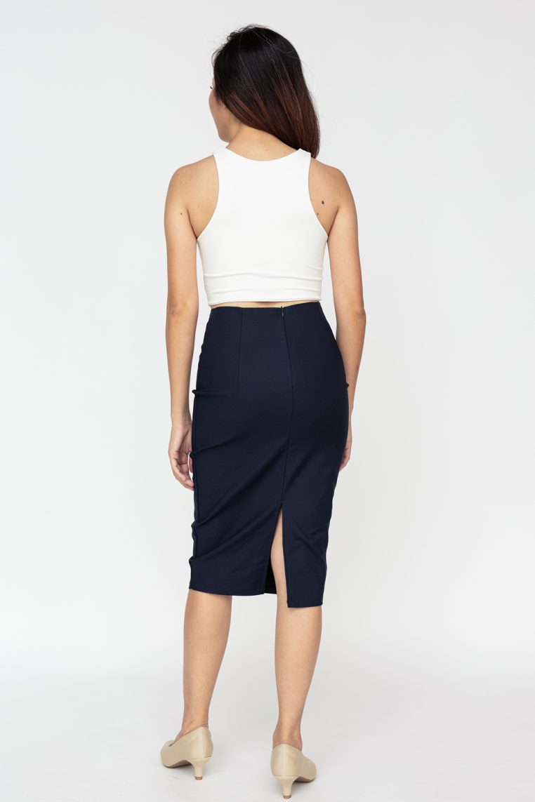 Alternative view of High Waist Knee Length Pencil Skirt - Navy Blue