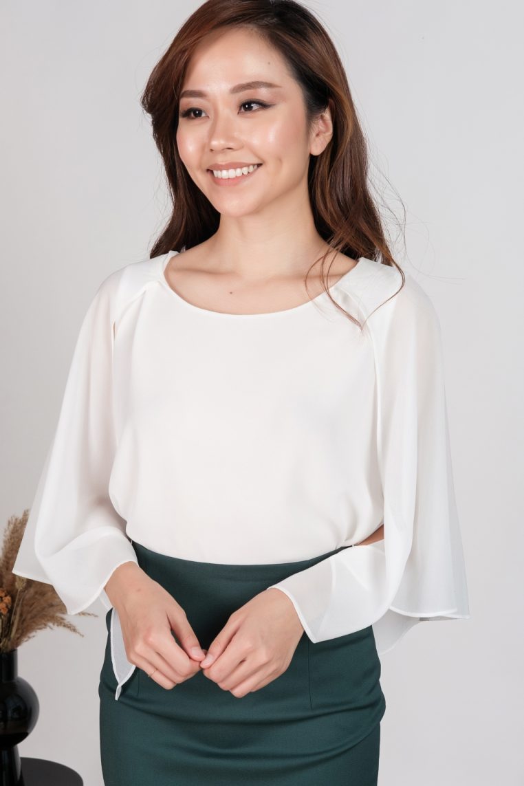 Cape Sleeve Blouse - White - Image 5