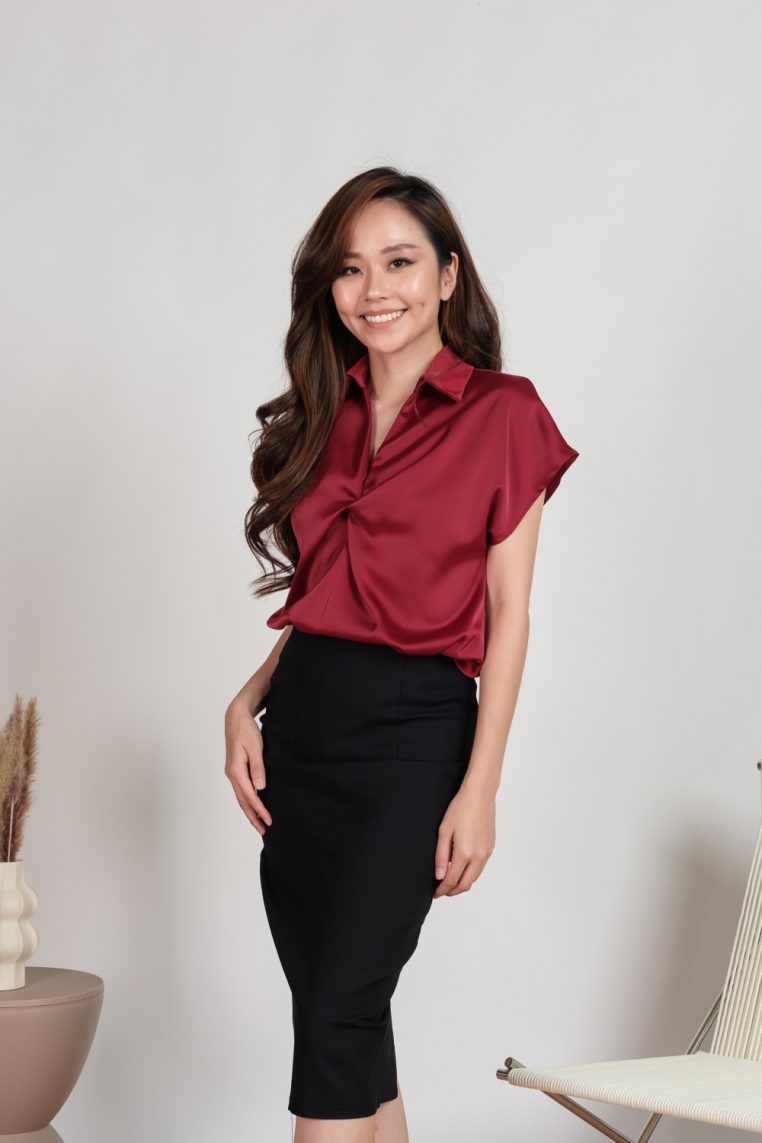 Alternative view of Twist Front Short Sleeve Satin Blouse - Maroon