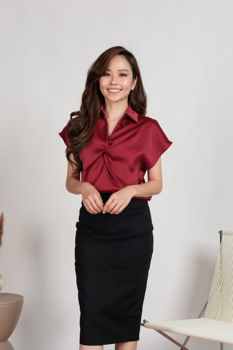 Twist Front Short Sleeve Satin Blouse - Maroon - Image 3