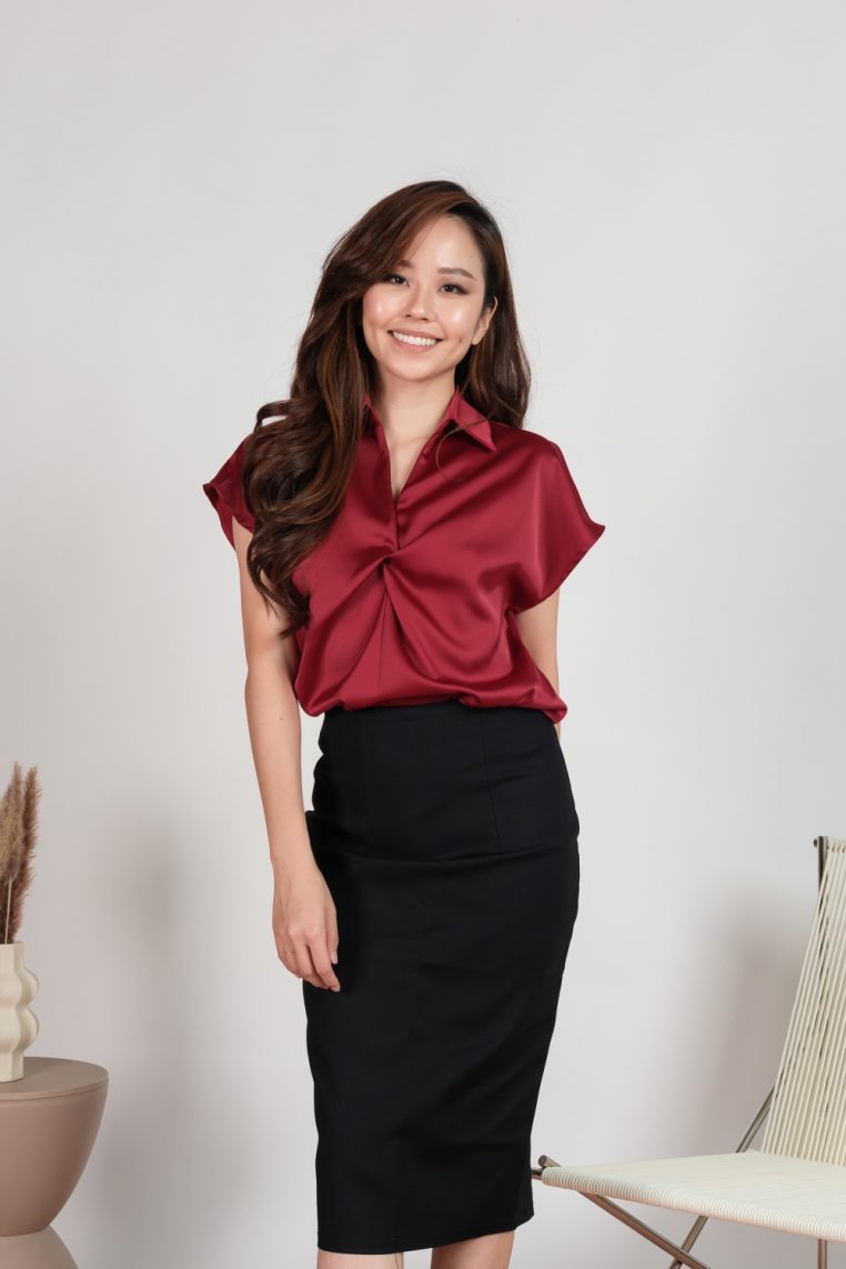 Twist Front Short Sleeve Satin Blouse - Maroon - Image 4