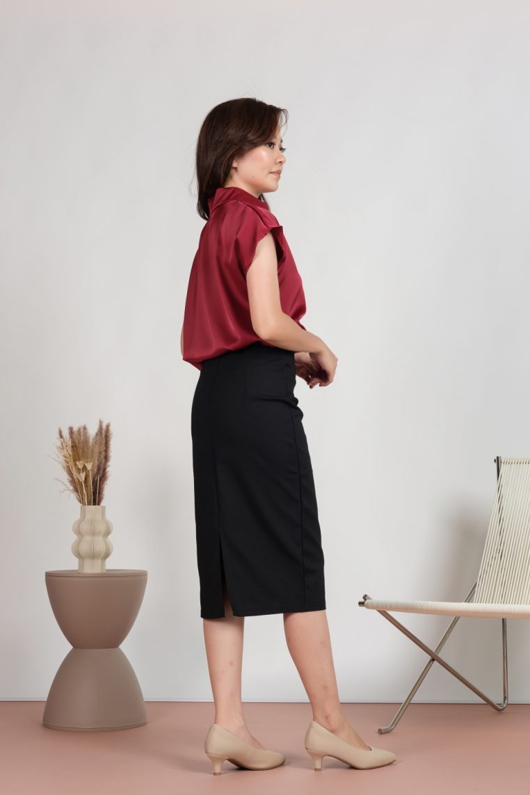Twist Front Short Sleeve Satin Blouse - Maroon - Image 5