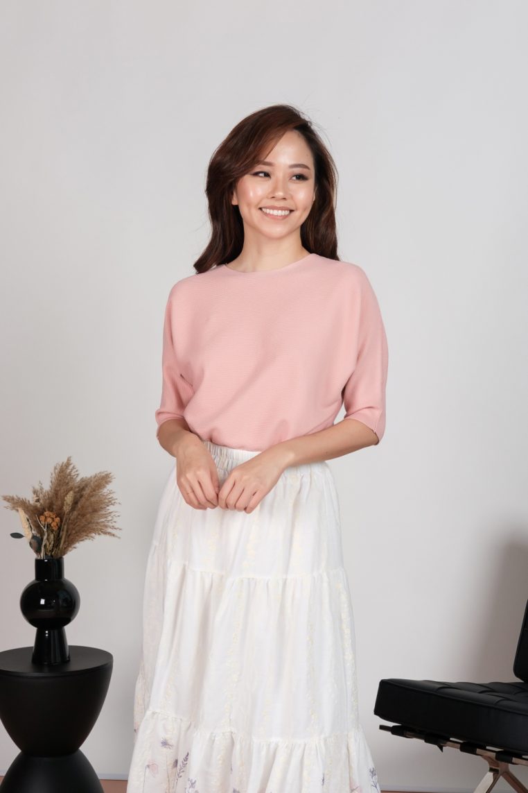 Boat Neck Batwing Knit Tee - Blush