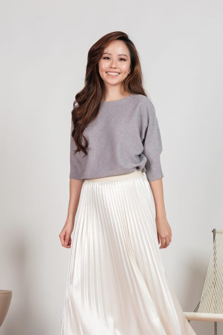 Boat Neck Batwing Knit Tee - Grey - Image 3