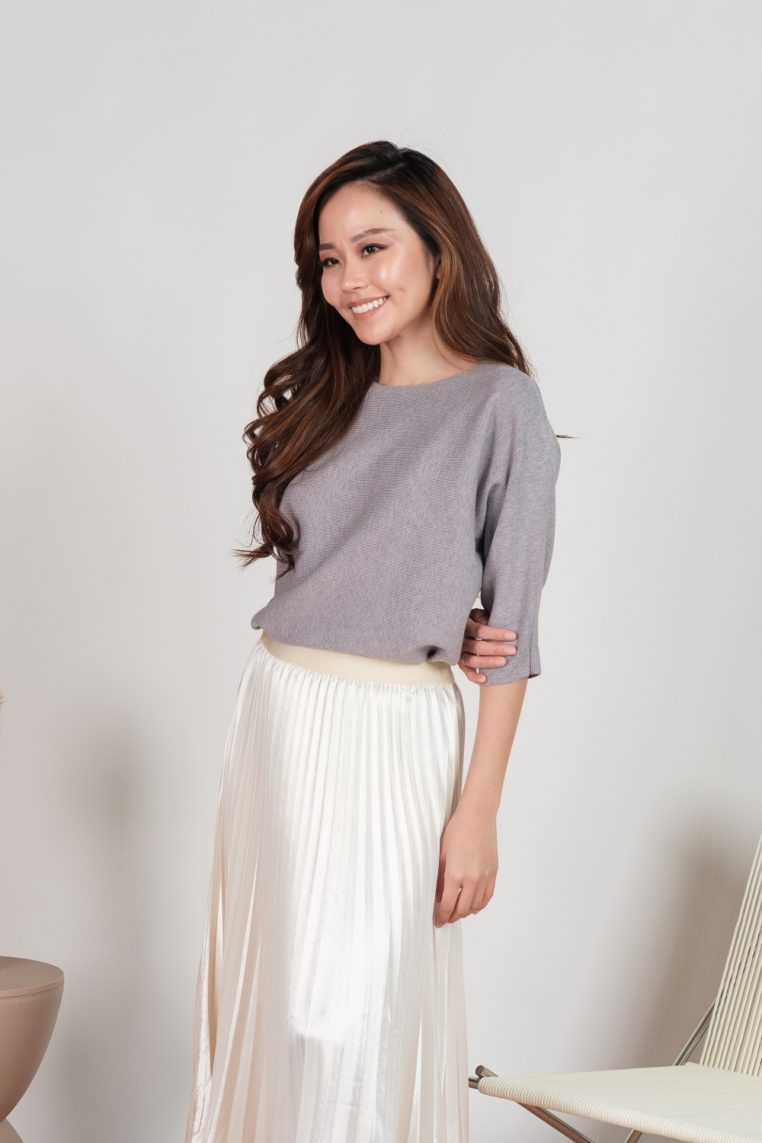 Boat Neck Batwing Knit Tee - Grey - Image 4