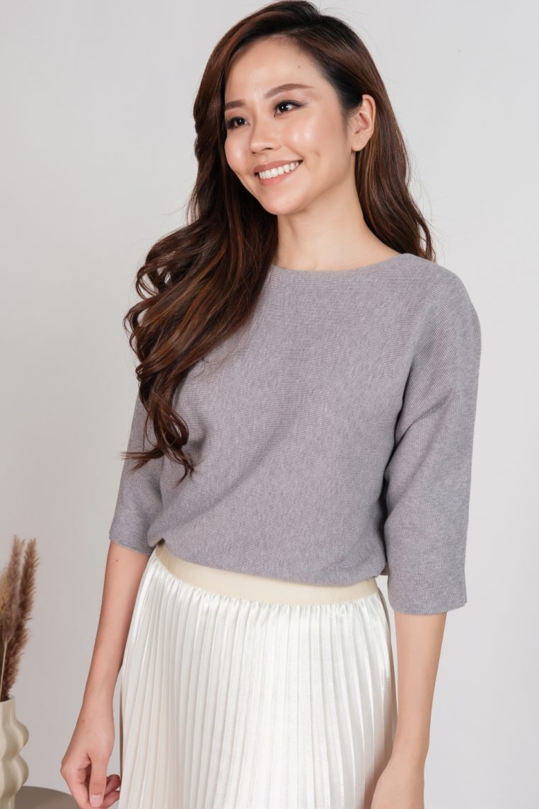 Boat Neck Batwing Knit Tee - Grey - Image 5