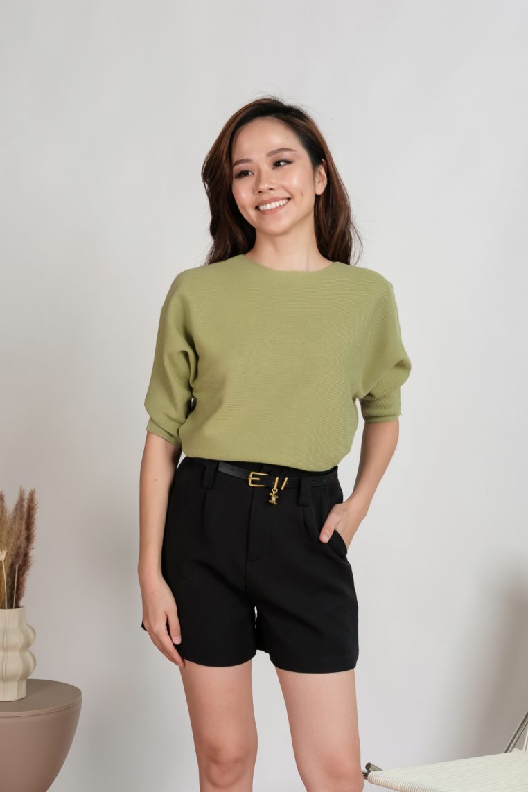 Boat Neck Batwing Knit Tee - Sage