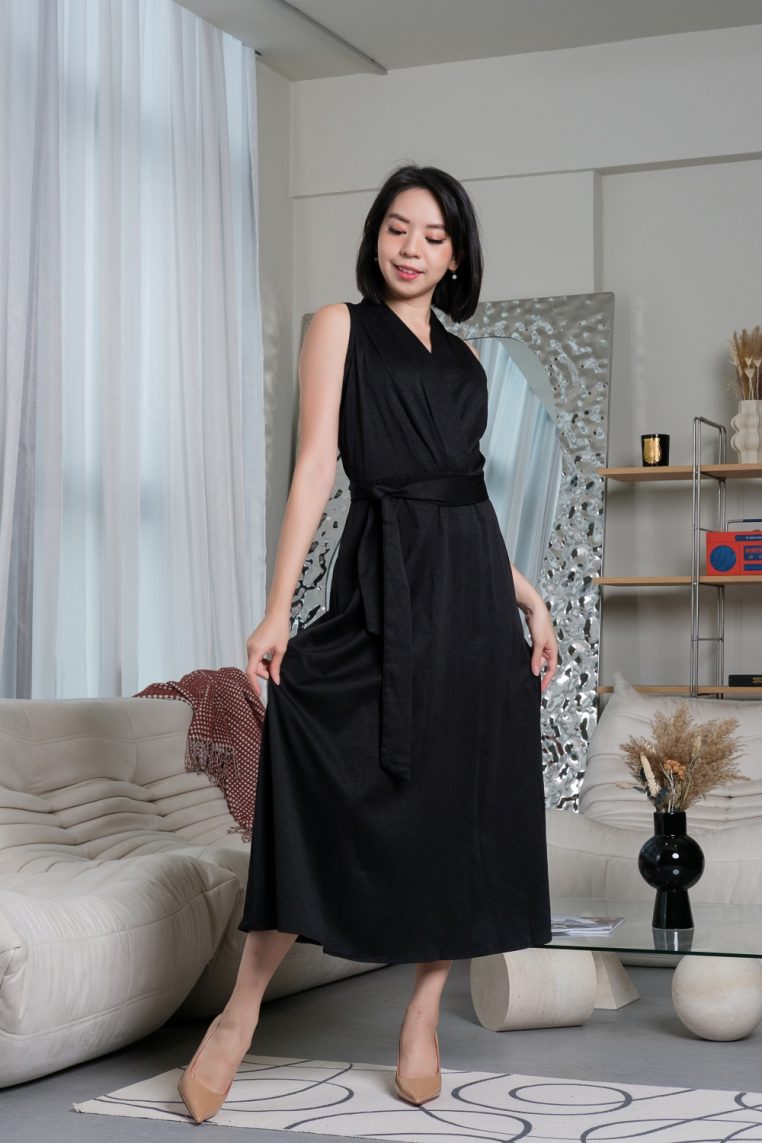 Sleeveless Draped Waist Tie Maxi Dress - Black - Image 3