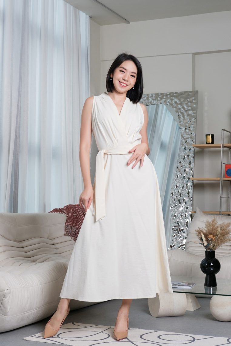 Sleeveless Draped Waist Tie Maxi Dress - Cream - Image 3