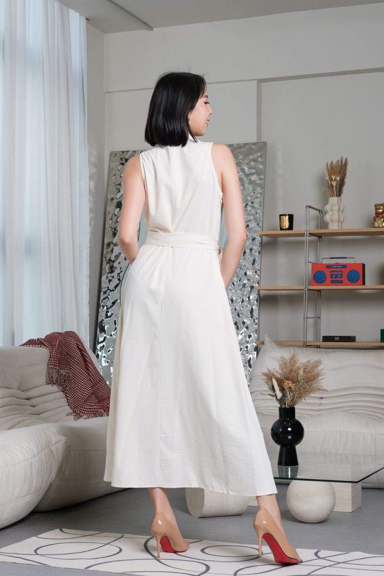 Sleeveless Draped Waist Tie Maxi Dress - Cream - Image 6