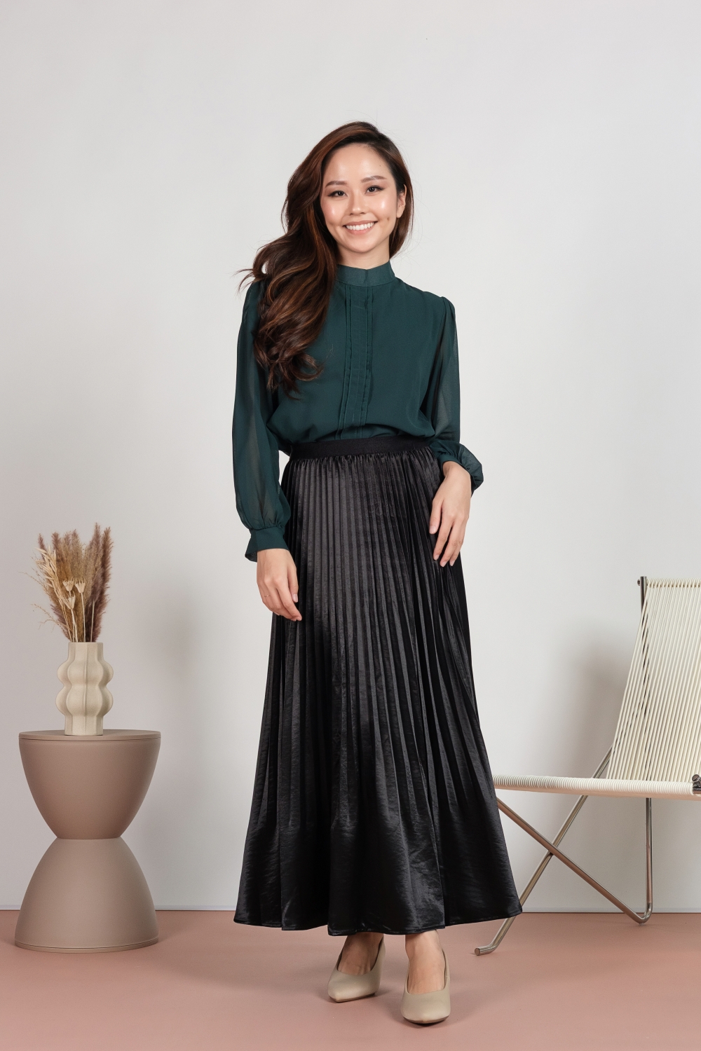 Silk Satin Pleated Maxi Skirt - Black - Image 3