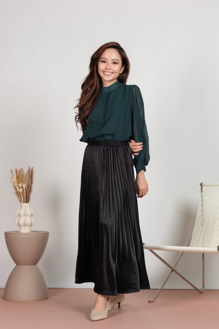 Silk Satin Pleated Maxi Skirt - Black - Image 4