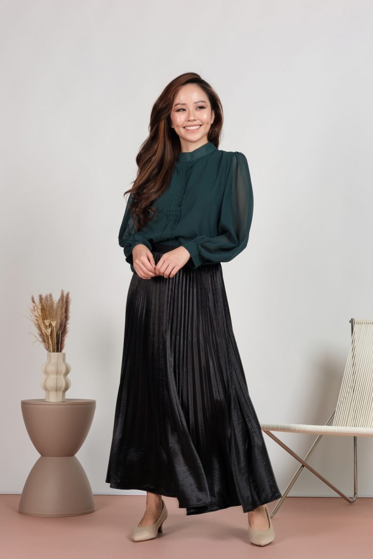 Alternative view of Silk Satin Pleated Maxi Skirt - Black