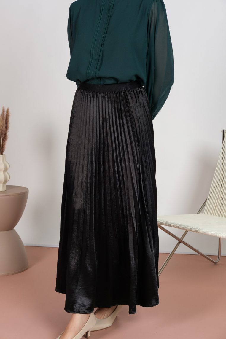 Silk Satin Pleated Maxi Skirt - Black - Image 5