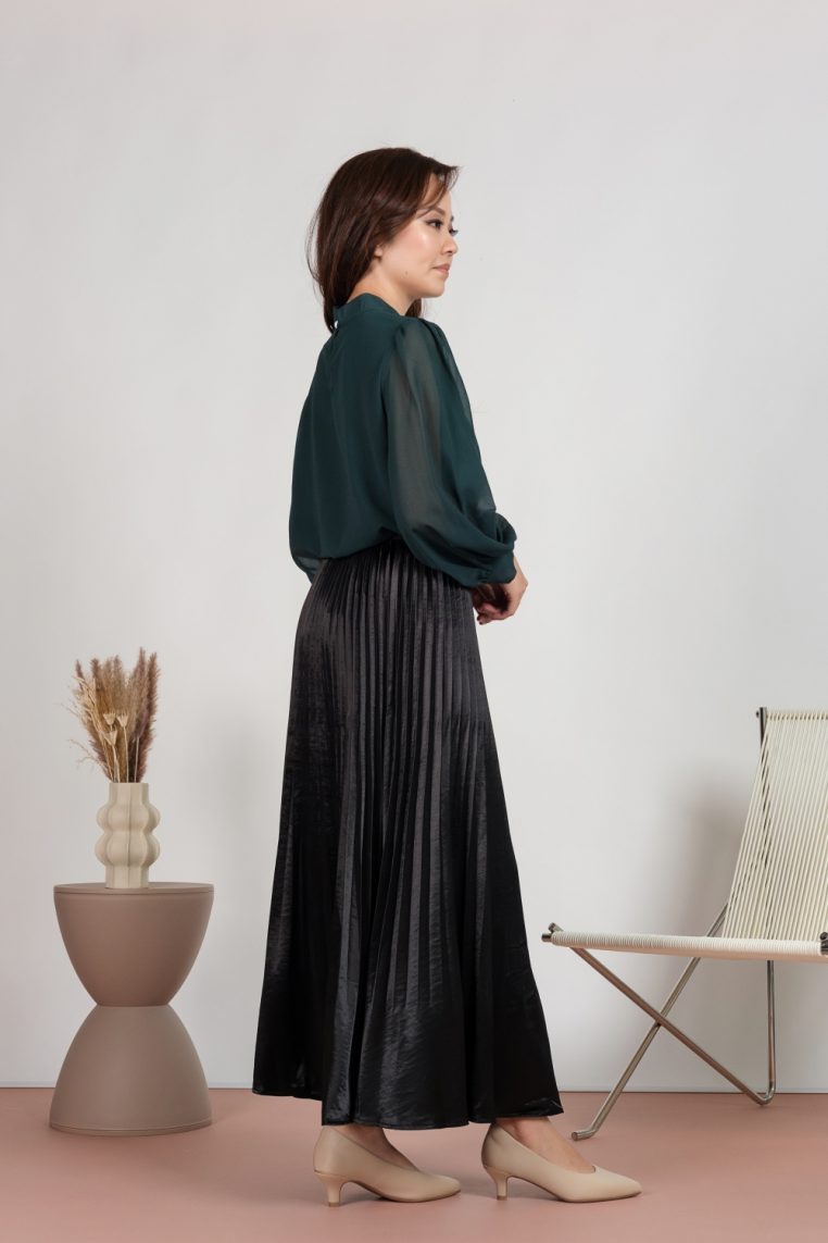 Silk Satin Pleated Maxi Skirt - Black - Image 6