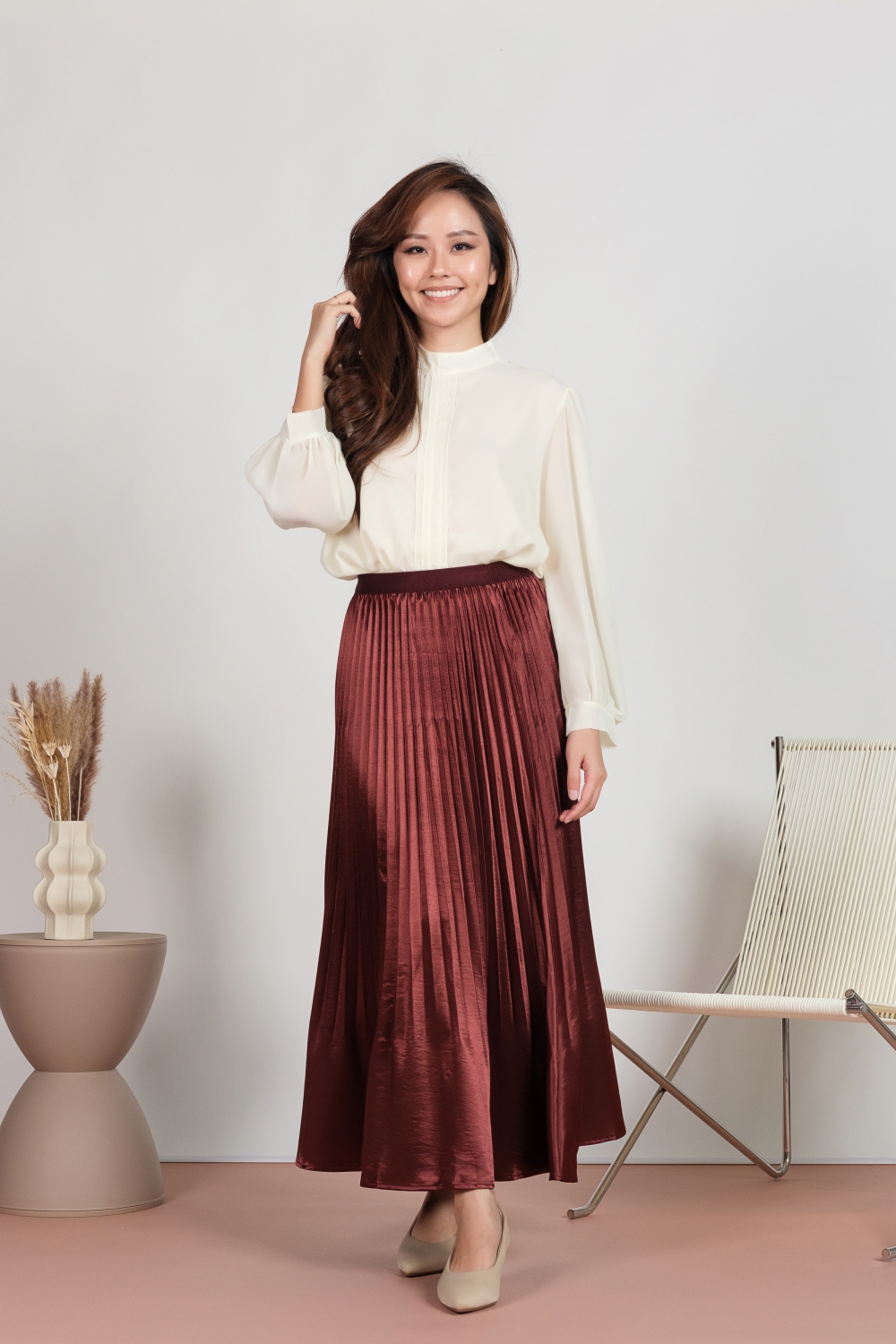 Silk Satin Pleated Maxi Skirt - Brick Bronze - Image 3