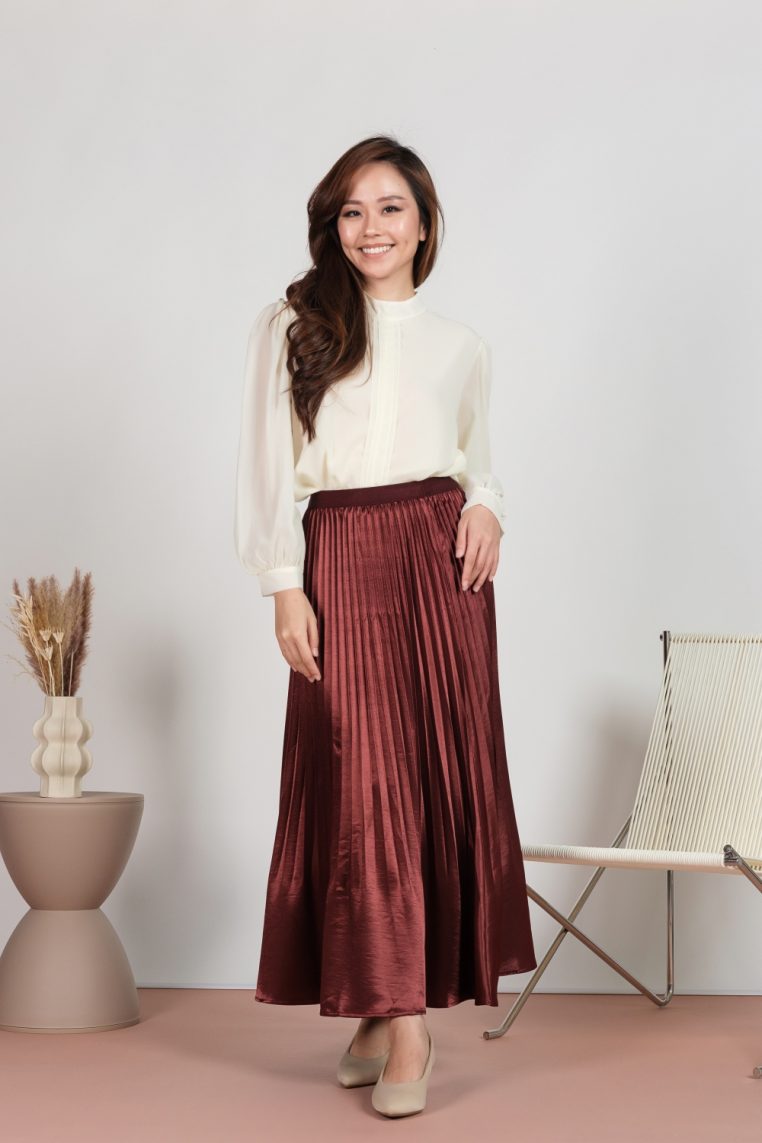 Silk Satin Pleated Maxi Skirt - Brick Bronze - Image 4