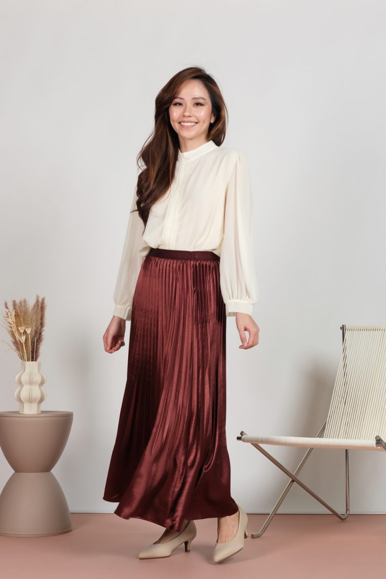 Silk Satin Pleated Maxi Skirt - Brick Bronze - Image 5