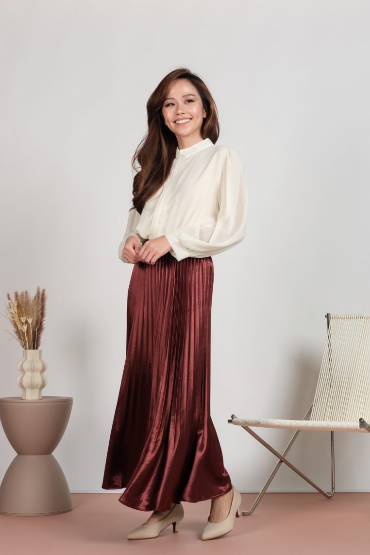 Silk Satin Pleated Maxi Skirt - Brick Bronze
