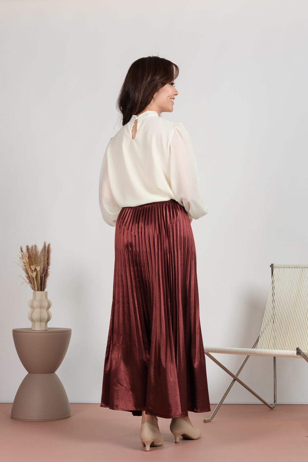 Silk Satin Pleated Maxi Skirt - Brick Bronze - Image 2