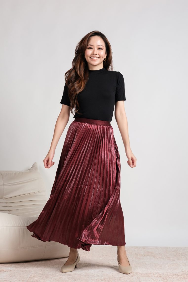 Glitter Satin Pleated Maxi Skirt - Maroon