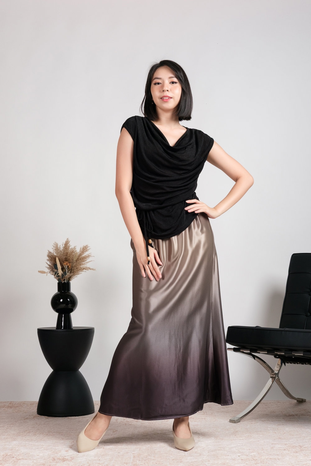 Ombre Satin Maxi Skirt - Taupe Black - Image 3